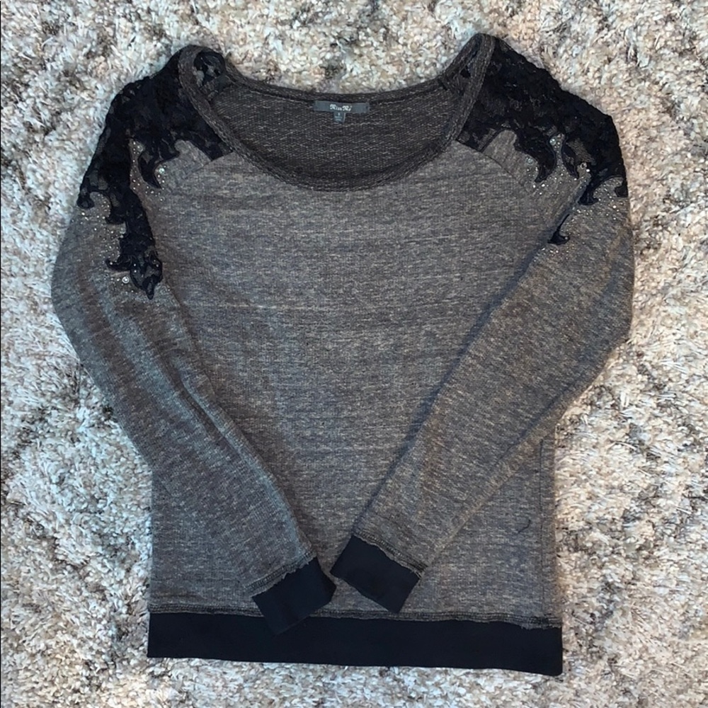 Miss Me Lace Rhinestone Long Sleeve Shirt small